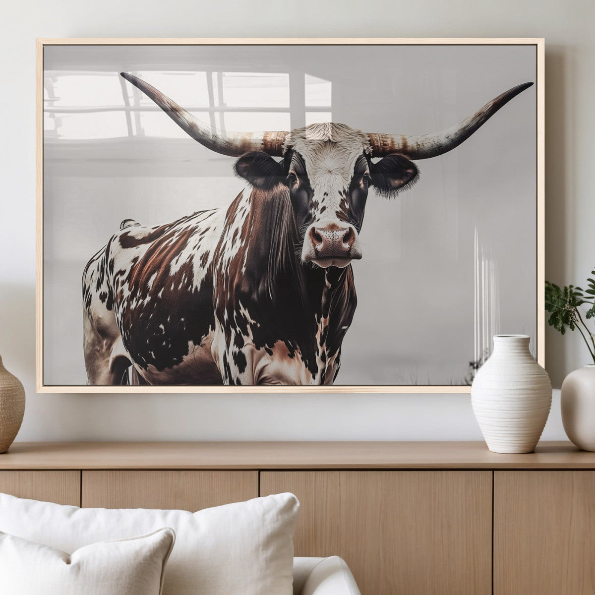 Texas Longhorn Wall Art Canvas Print – Framed Spotted Bull