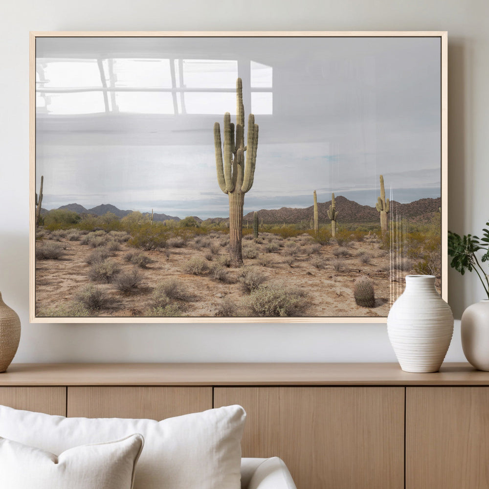 Saguaro Cactus Wall Art – Framed Desert Canvas Artwork,