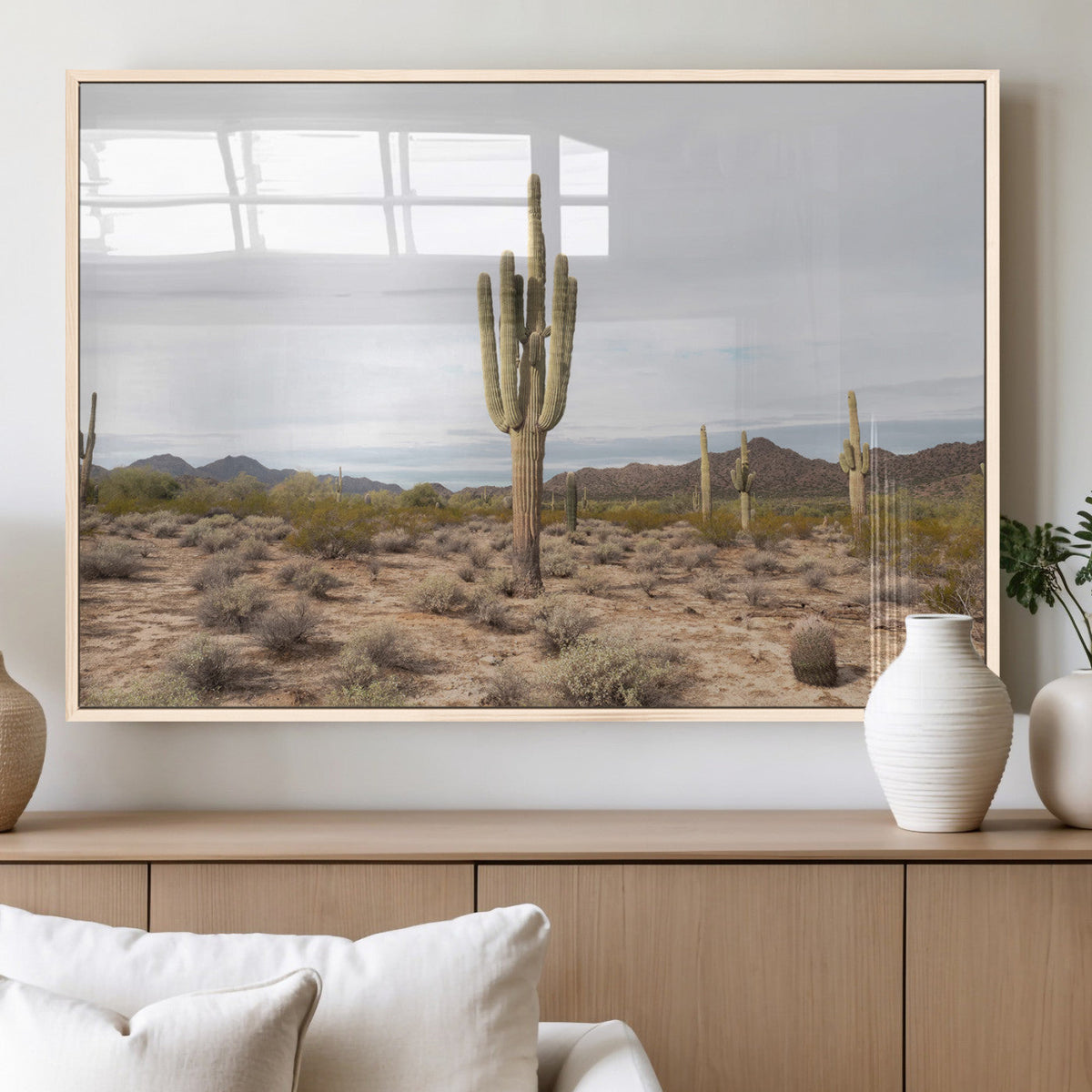 Saguaro Cactus Wall Art – Framed Desert Canvas Artwork,
