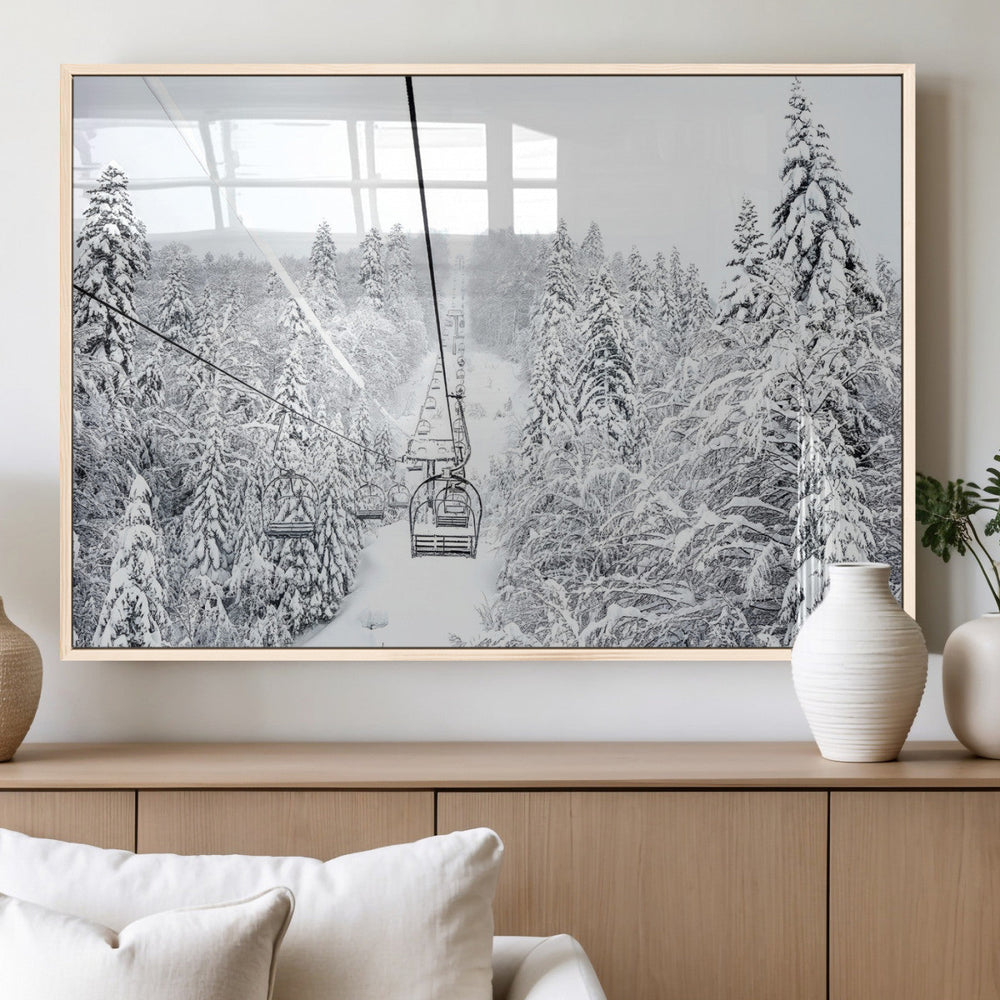 Snowy Ski Lift Wall Art – Framed Winter Mountain Canvas