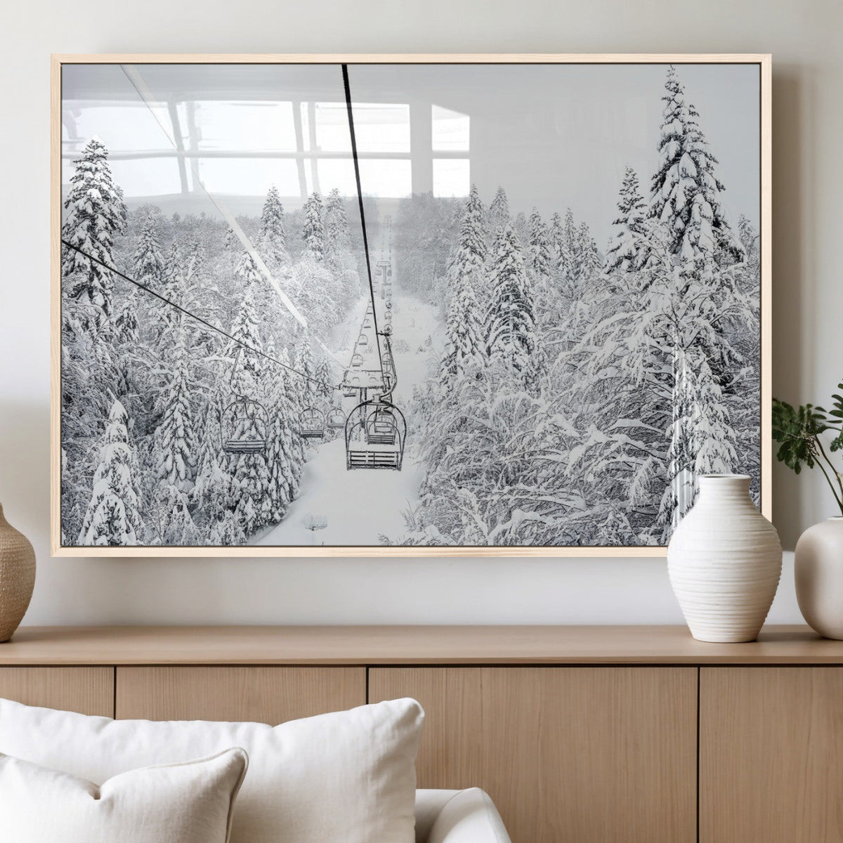 Snowy Ski Lift Wall Art – Framed Winter Mountain Canvas