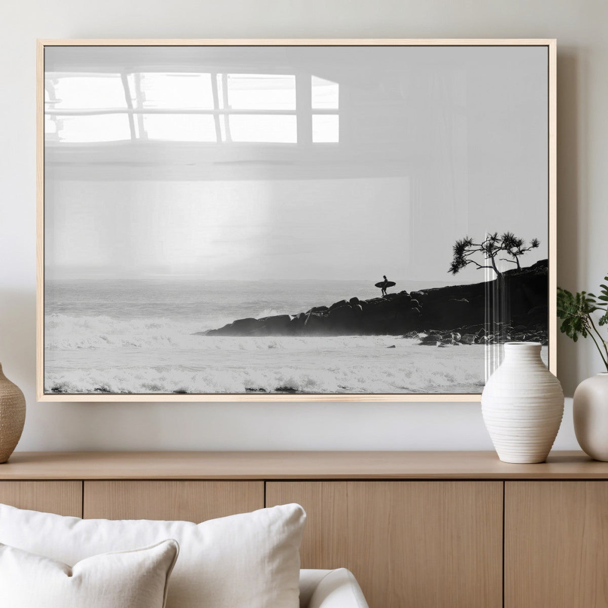 Surfer Cliffs Wall Art Canvas Print – Framed Black White