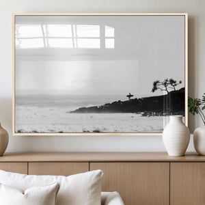 Surfer Cliffs Wall Art Canvas Print – Framed Black White