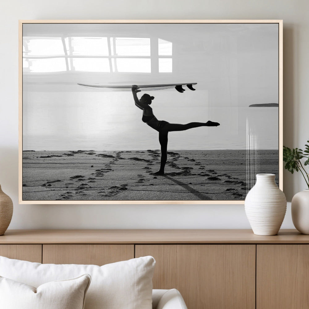 Yoga Surf Wall Art Canvas Print – Framed Black White Shore