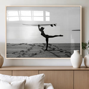 Yoga Surf Wall Art Canvas Print – Framed Black White Shore