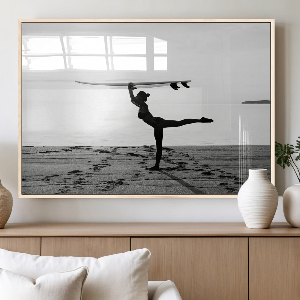 Yoga Surf Wall Art Canvas Print – Framed Black White Shore