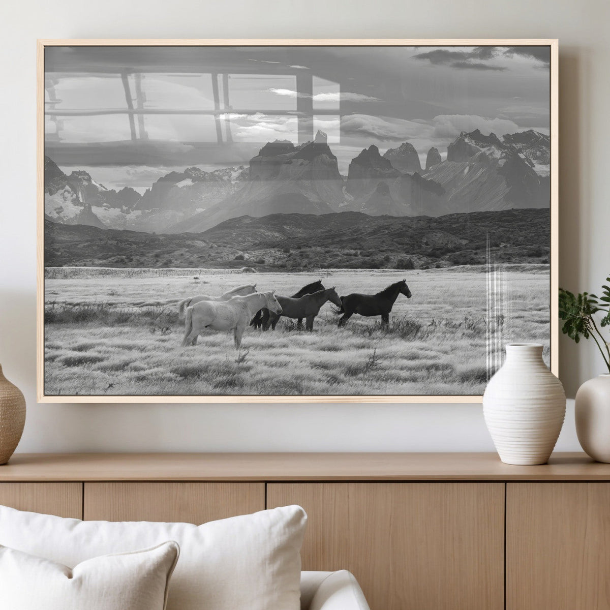 Wild Horses Wall Art Canvas Print – Framed Black and White