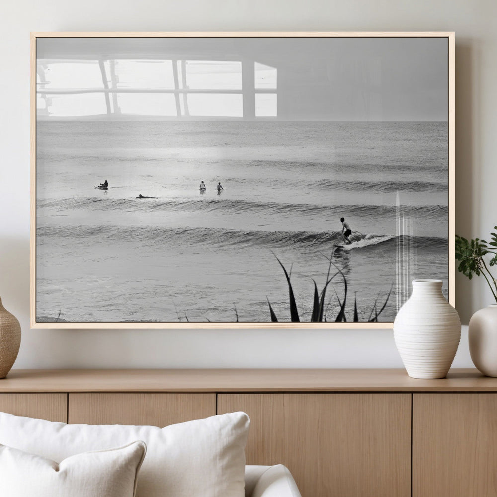 Surfer Silhouette Wall Art Canvas Print, Framed Calm Ocean