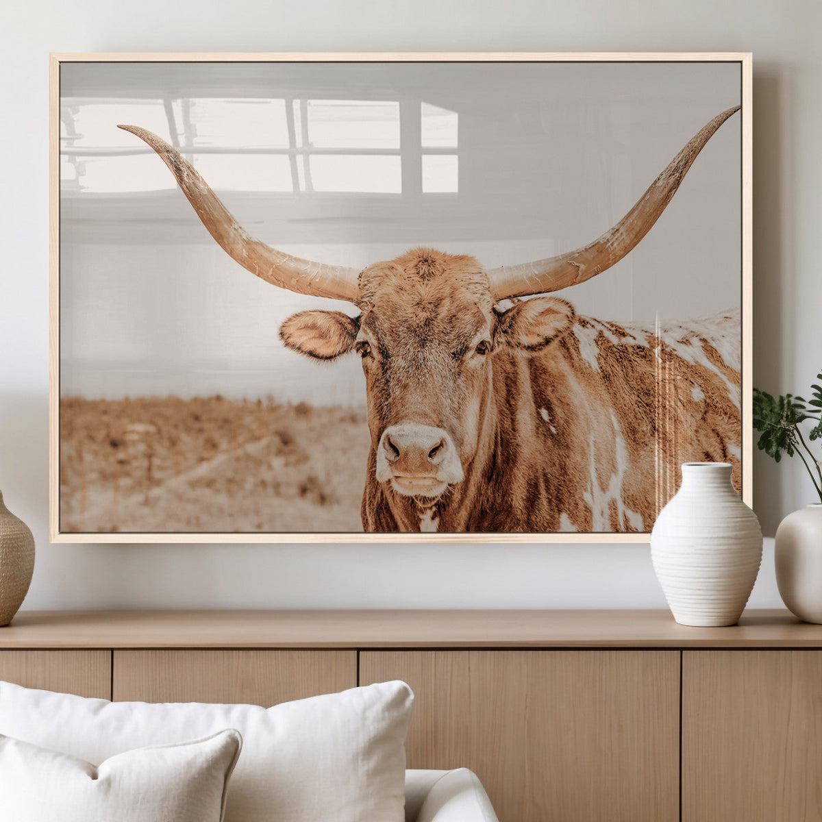 Texas Longhorn Wall Art Canvas Print – Framed Sepia Cow Art