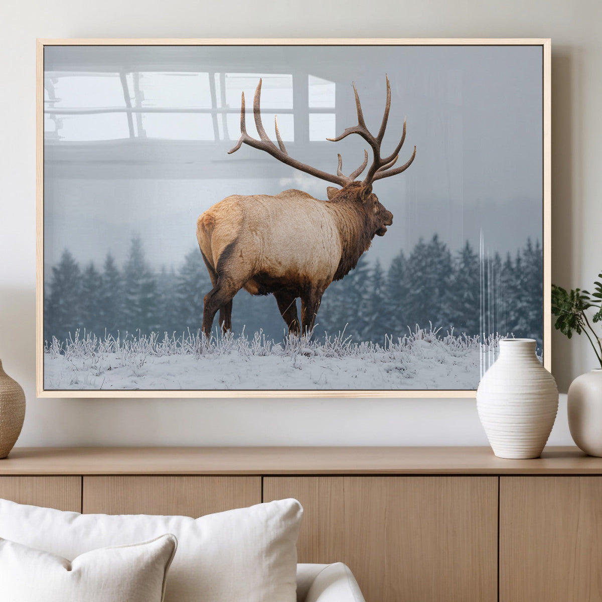 Elk Wall Art Canvas Print – Framed Snowy Forest Scene Art
