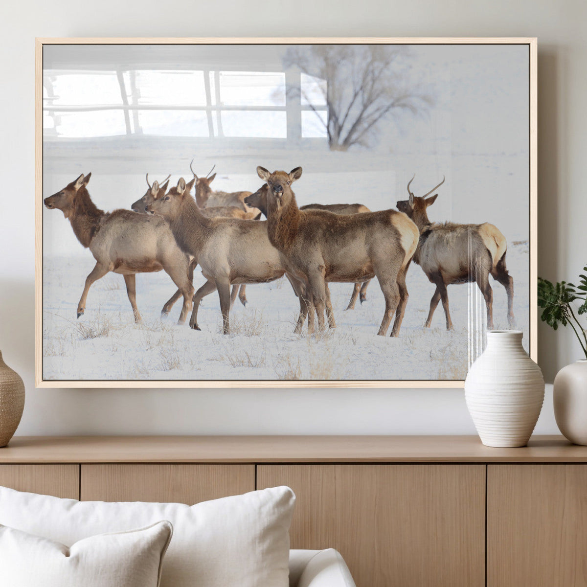 Winter Elk Scene Wall Art Canvas Print – Framed Wildlife