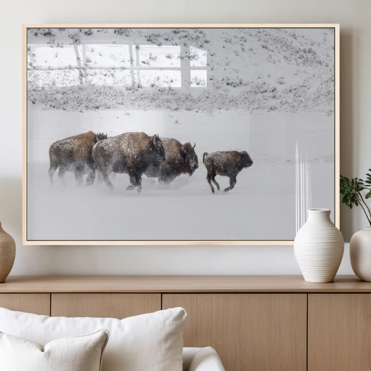 Bison Herd Decor Wall Art Canvas Print – Framed Snowy Bison