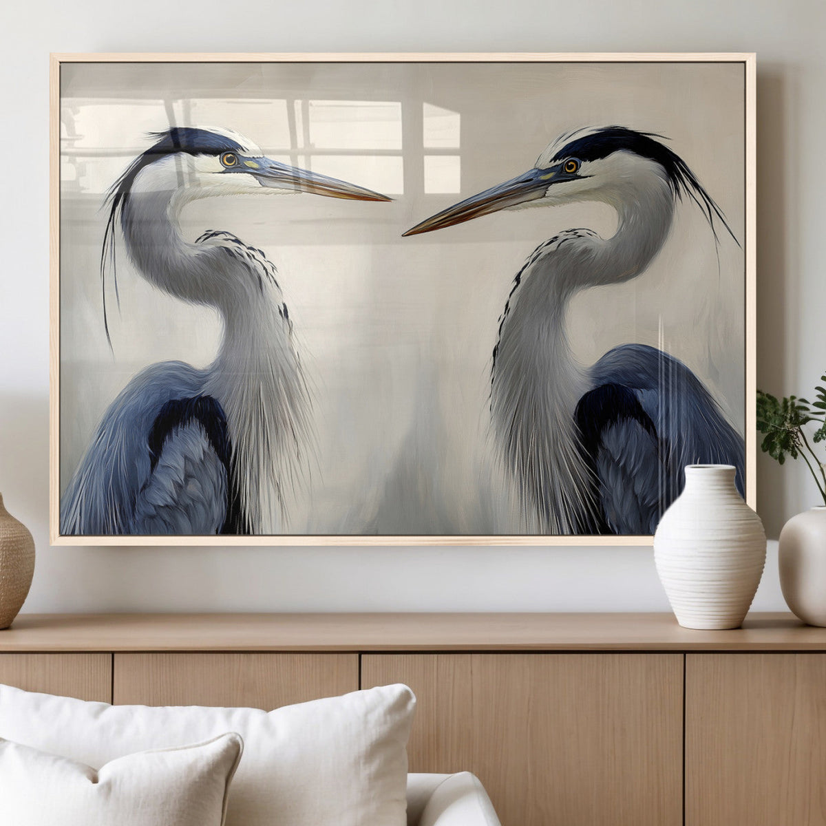 Blue Heron Pair Wall Art Canvas Print, Framed Coastal Bird