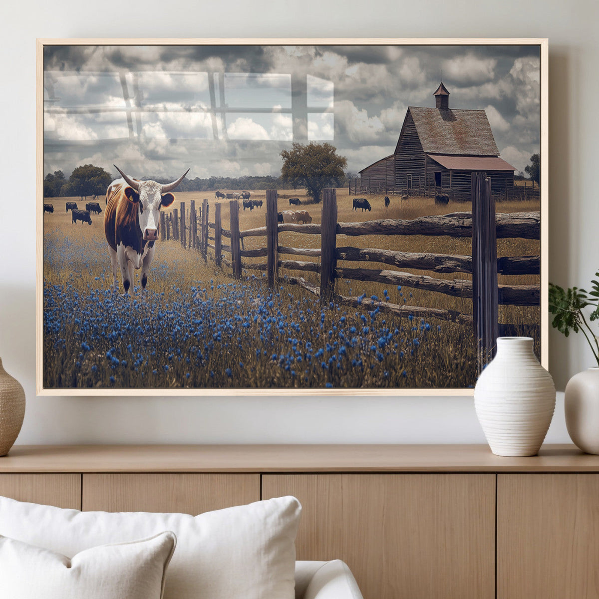 Texas Longhorn Canvas Wall Art Print – Framed Rustic Barn