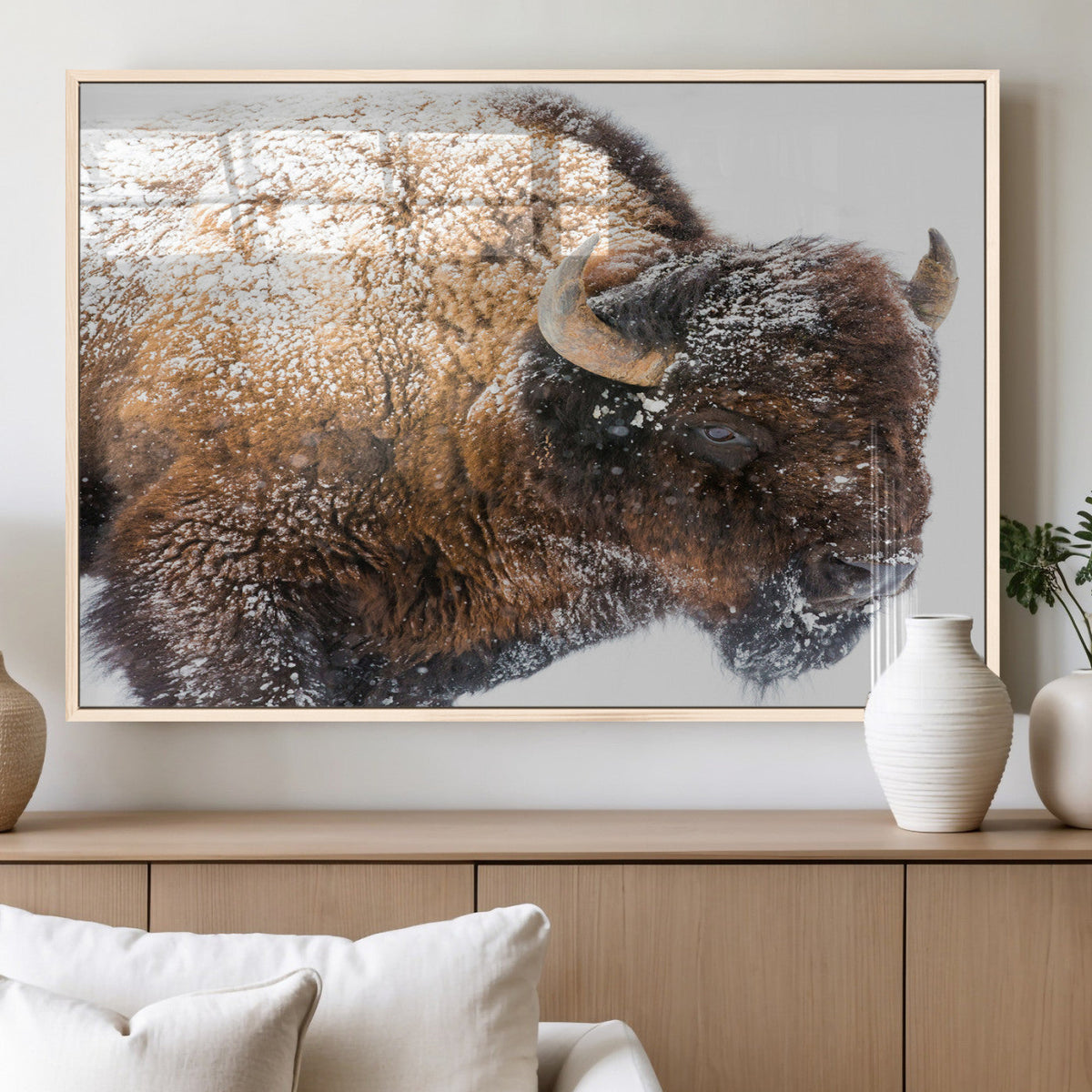 Snowy Buffalo Wall Art Canvas Print – Framed Rustic Lodge