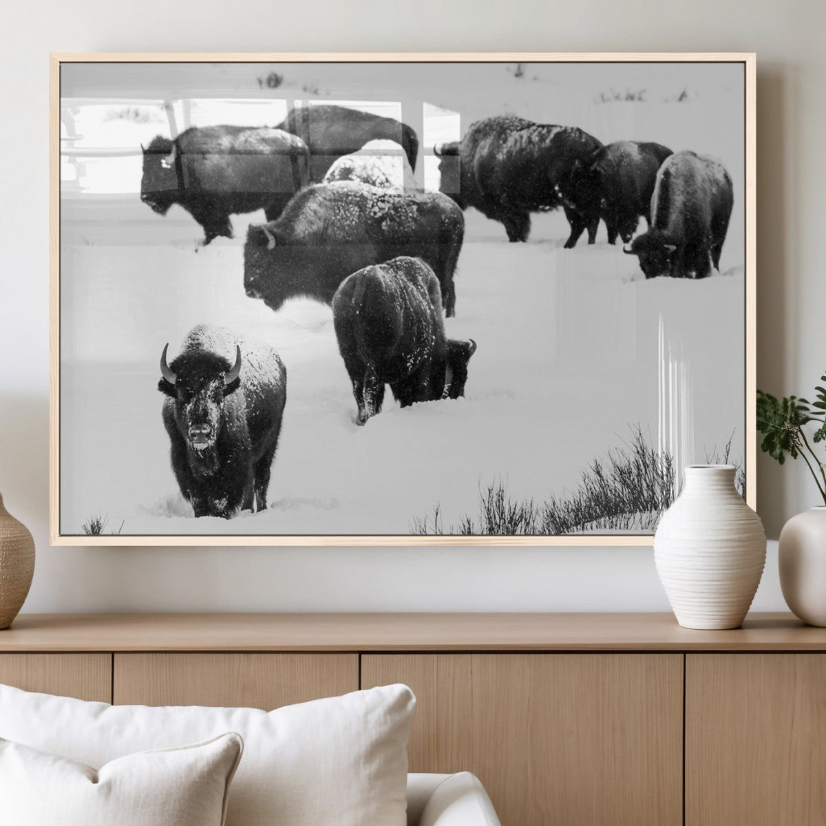 Buffalo Herd Wall Art Canvas Print – Framed Black and White