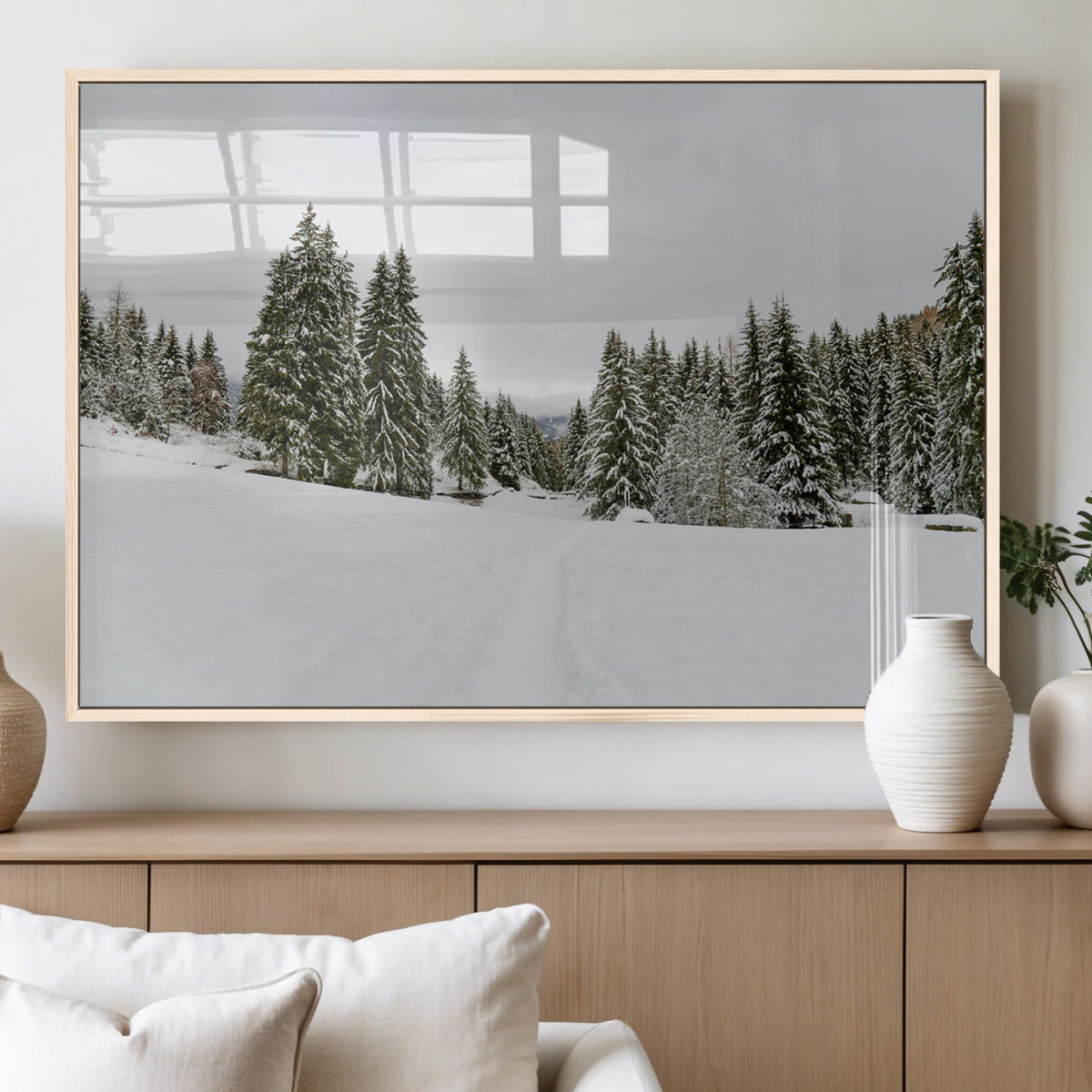 Frosty Pines Wall Art Canvas Print – Framed Silent Snowfall