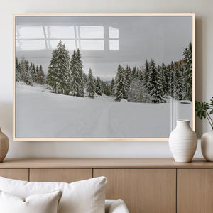 Frosty Pines Wall Art Canvas Print – Framed Silent Snowfall
