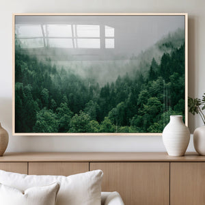Misty Green Forest Canvas Print – Framed Serene Foggy Pine