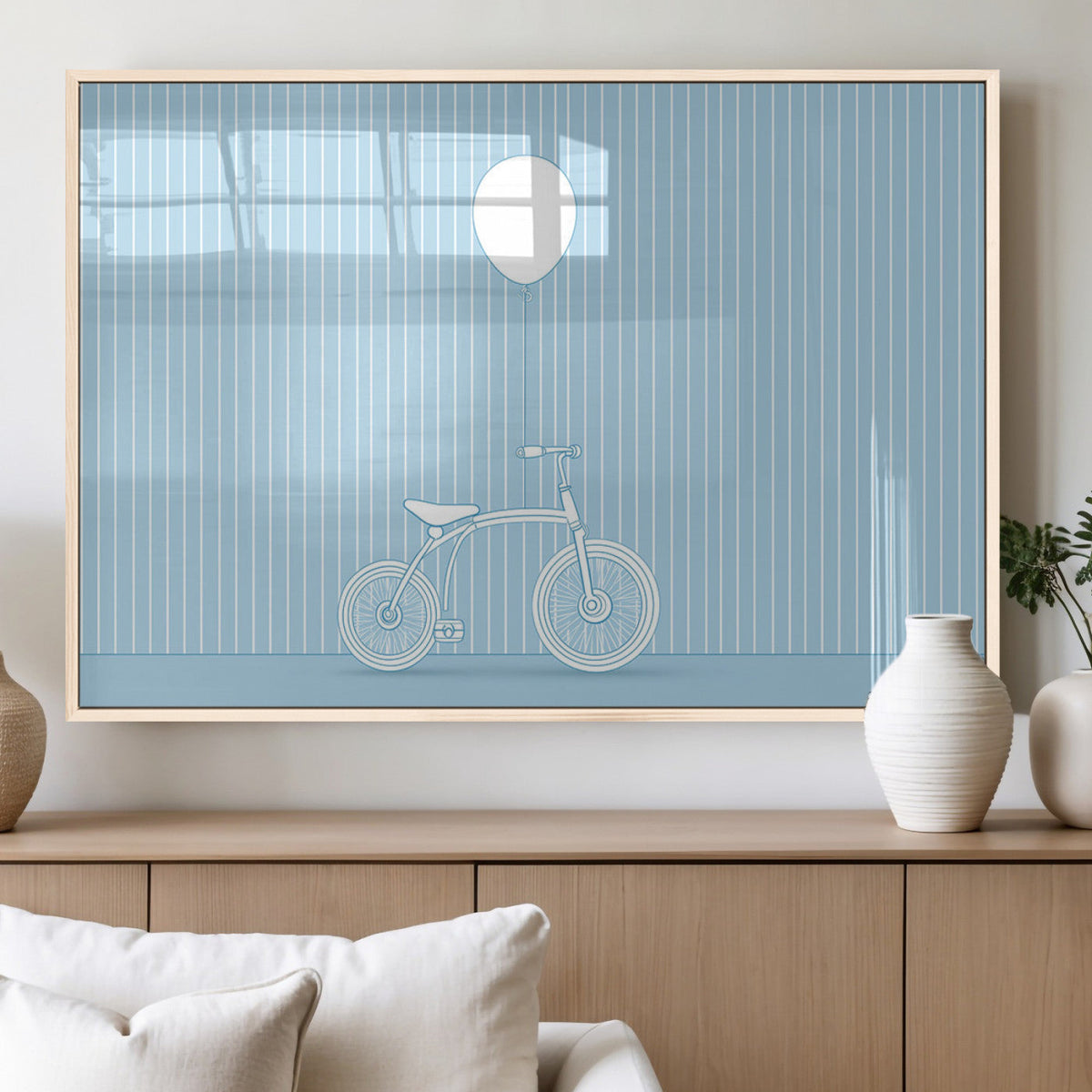 Minimalist Bicycle Balloon Canvas Wall Art – Playful Blue