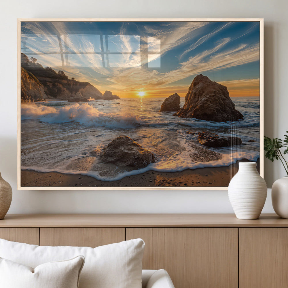 Rocky Ocean Sunset Wall Art Print – Seaside Canvas Dramatic