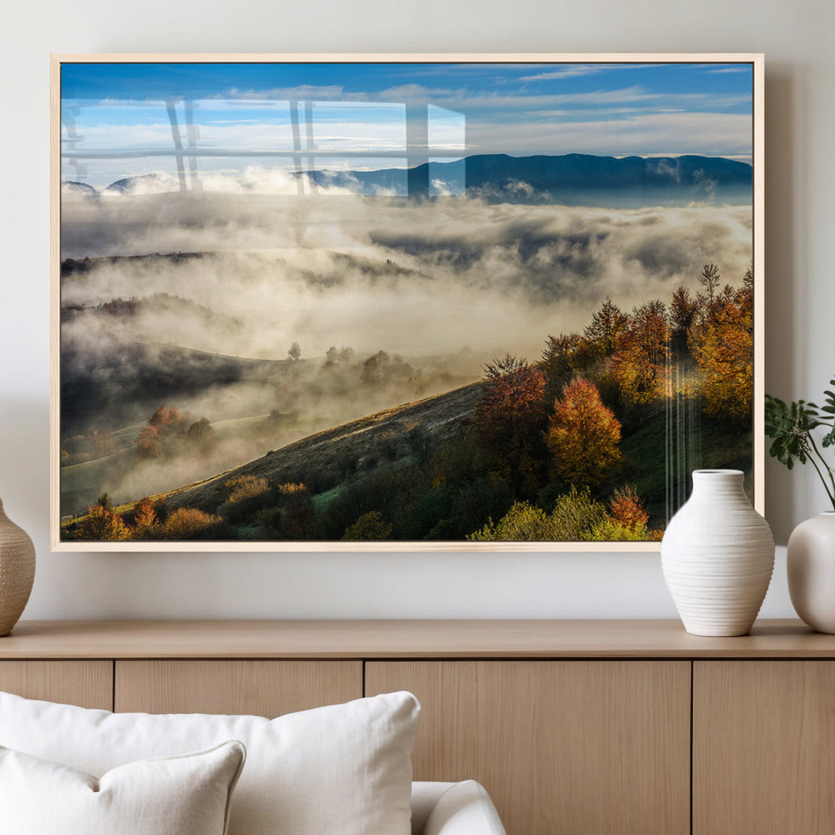 Misty Autumn Hills Wall Art Canvas Print, Foggy Forest