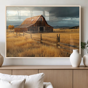 Golden Sunset Barn Wall Art Canvas Print, Rustic Autumn Farm