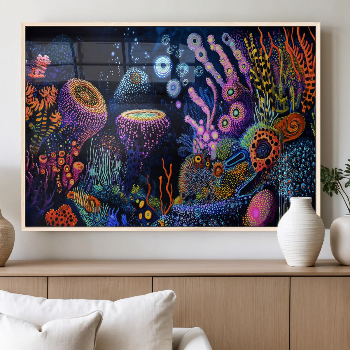 Vibrant Neon Coral Reef Wall Art Canvas Print, Colorful