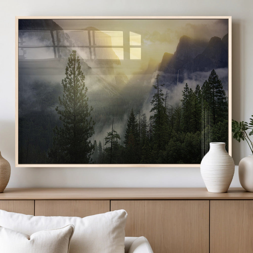 Misty Mountain Valley Wall Art Canvas Print, Golden Sunrise