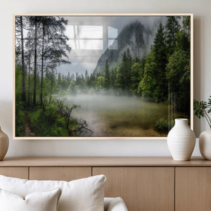 Misty Lake Forest Wall Art – Green Trees Calm Water