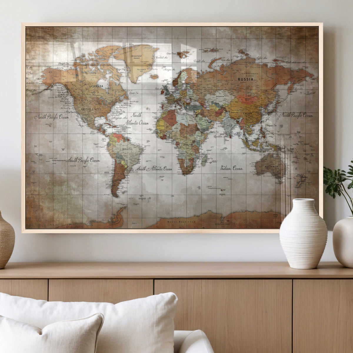 Vibrant Watercolor World Map Canvas Wall Art – Framed Travel
