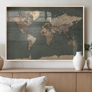 Rustic Black and Wood World Map Canvas Wall Art – Framed