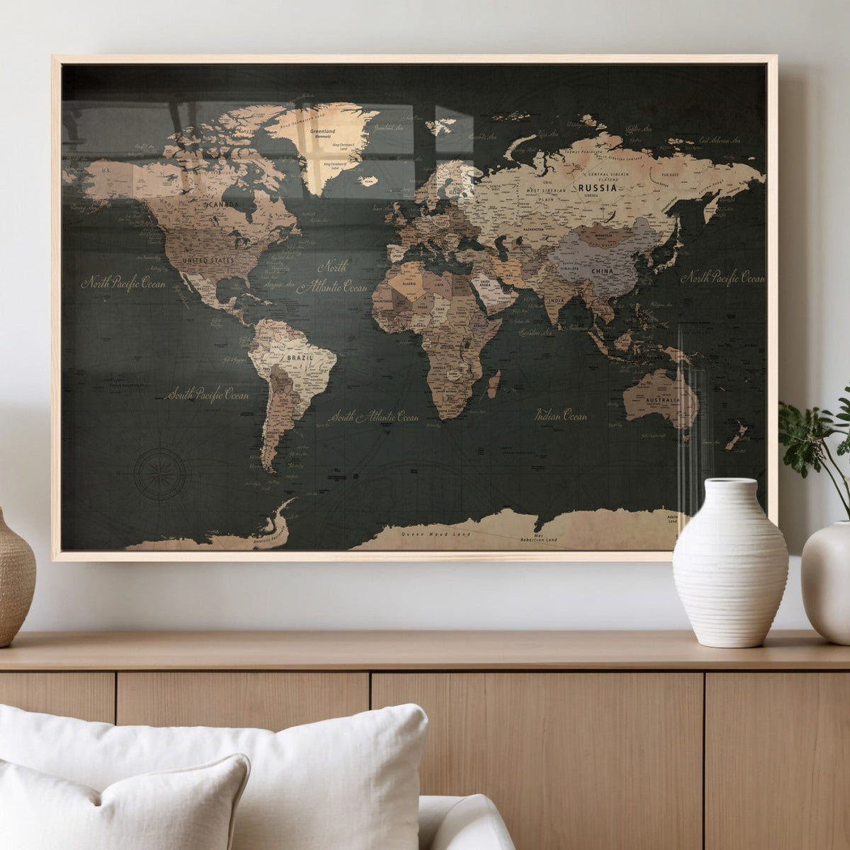 Vintage World Map Canvas Wall Art – Framed Travel Map for