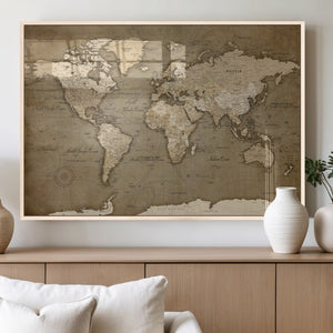 World Map Wall Art Canvas Print, Framed Map Art Picture