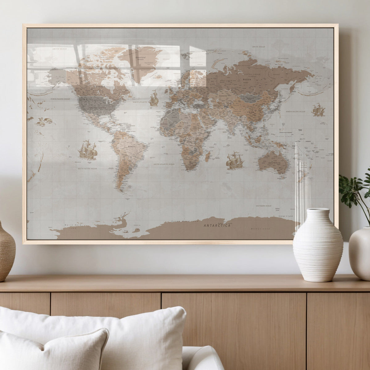 Framed Large World Map Canvas Print for Office Decor