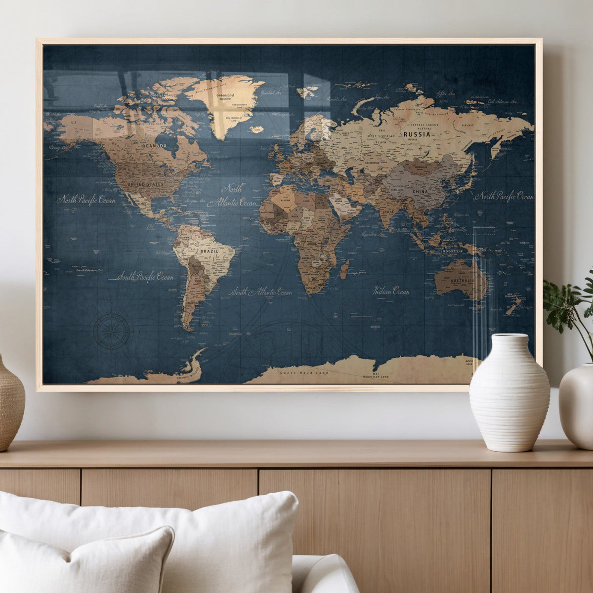 Navy Blue World Map Canvas Print – Framed Travel Map Wall