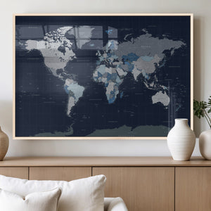 Blue Detailed World Map Wall Art Canvas Print, Modern Framed
