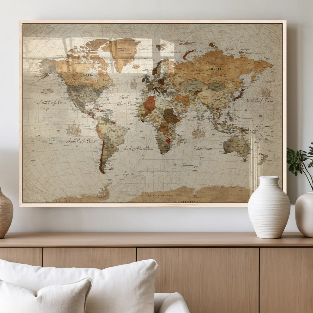 Rustic Vintage World Map Canvas Print – Framed Modern