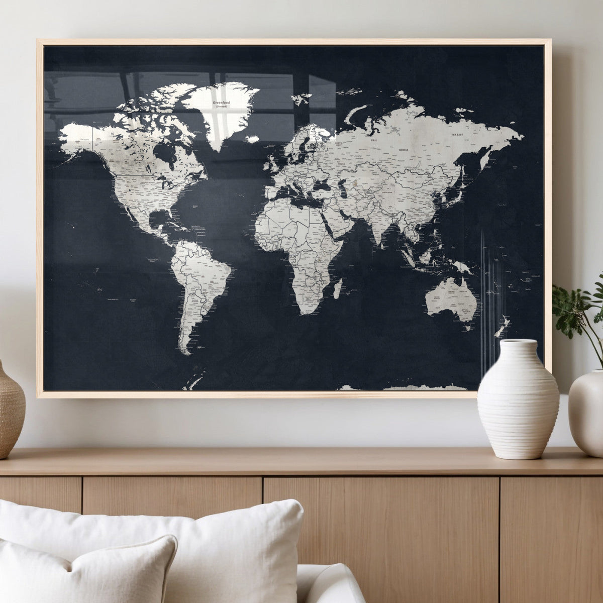 Black World Map Wall Art Canvas Print for Home Office and