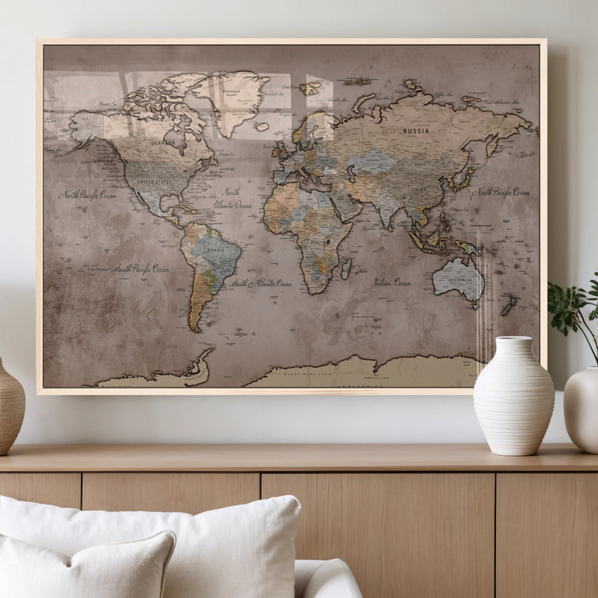 Grunge World Map Canvas Wall Art - Vintage Aged World Map