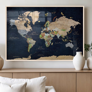 Minimalist World Map Canvas Wall Art - Watercolor Blue and