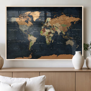 Vintage World Map Canvas Wall Art – Detailed Map with