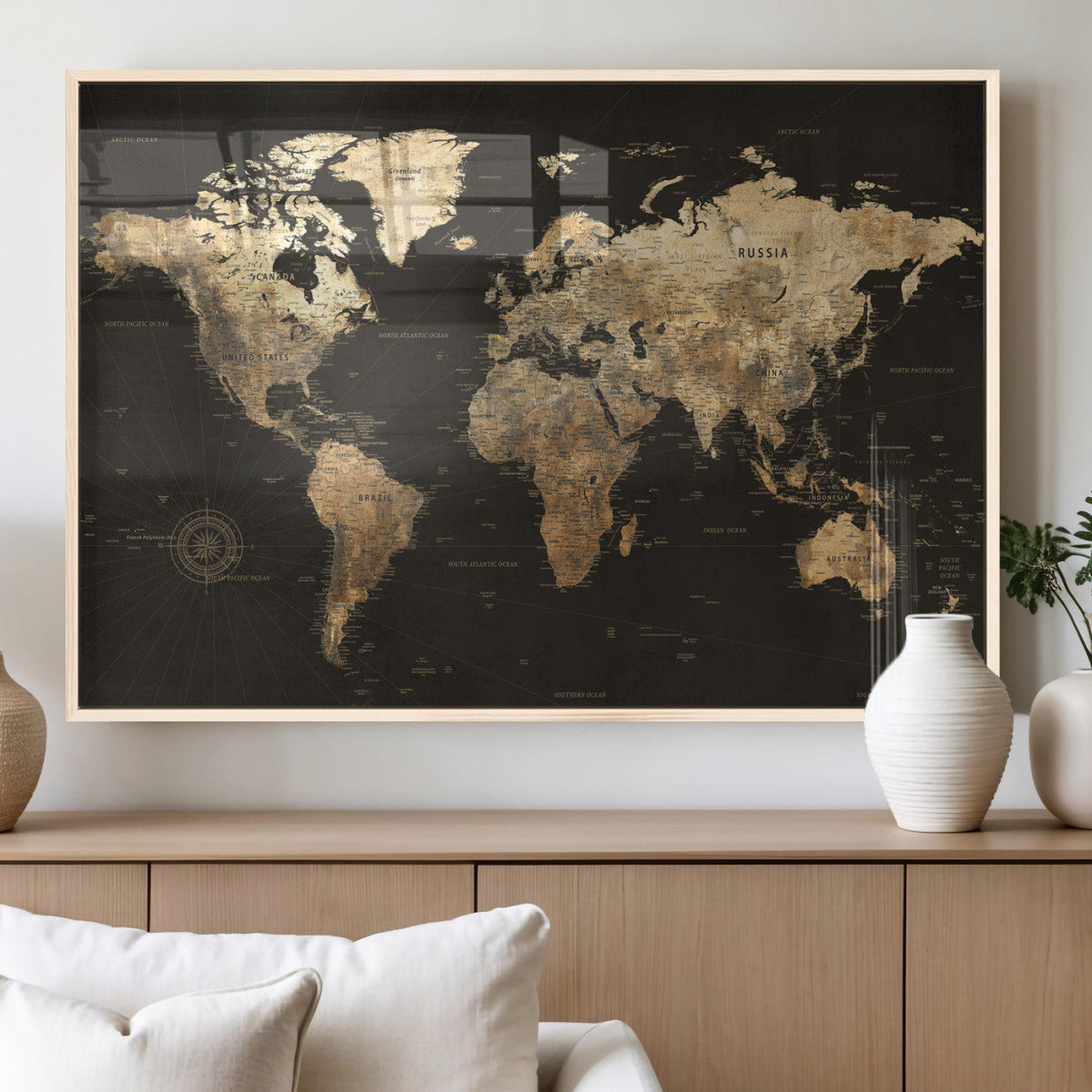 Framed World Map with Pin Canvas Print – Detailed World Map