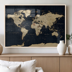 Dark World Map Canvas Wall Art Print, Minimal Black and Gold