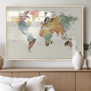 Framed World Map Wall Art Canvas Print for Living Room and