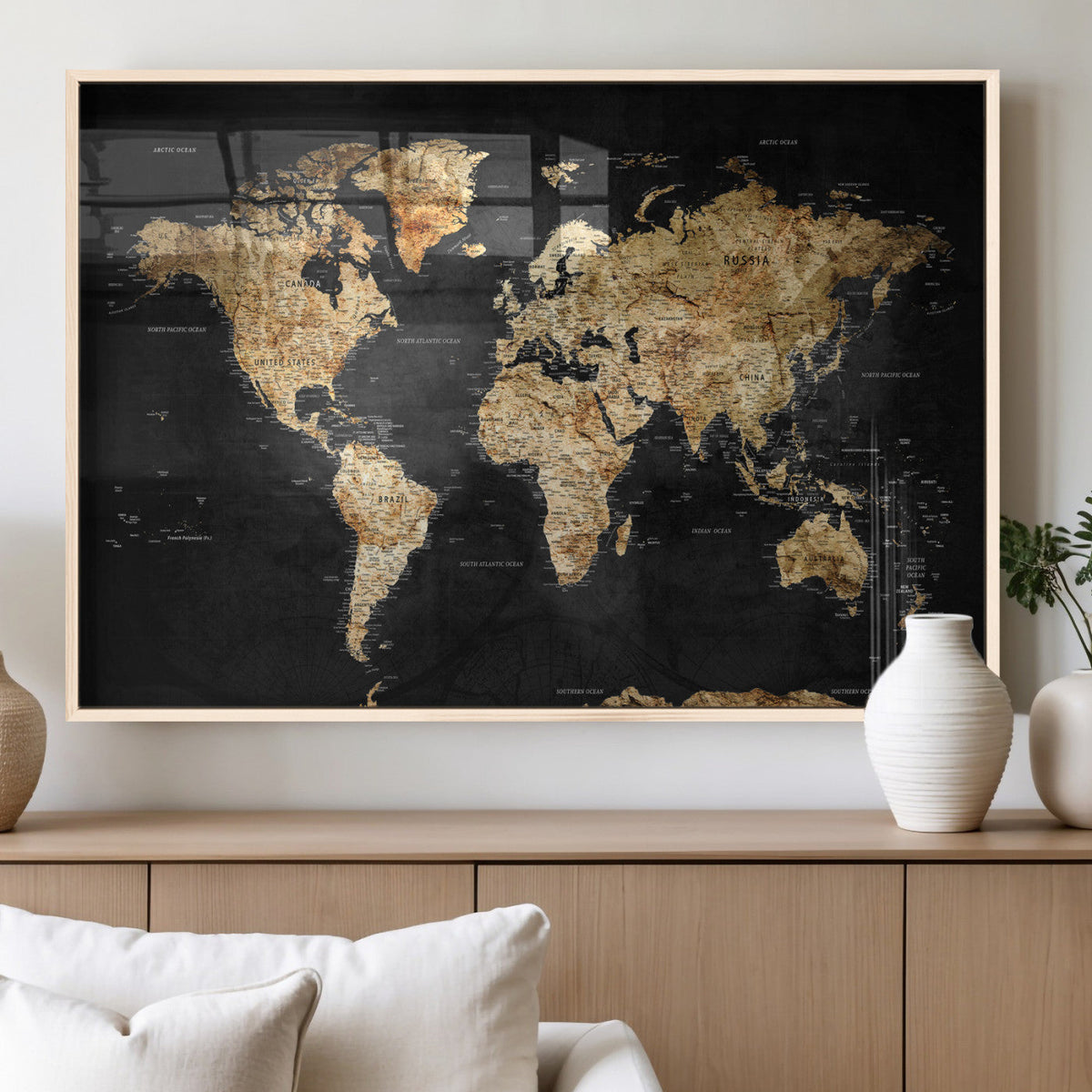 World Map Canvas Wall Art with Famous Landmarks – Framed