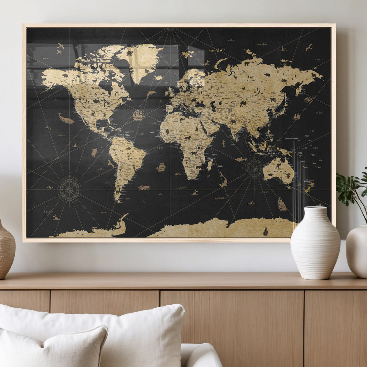 Vintage Blue and Brown World Map Canvas Wall Art – Framed