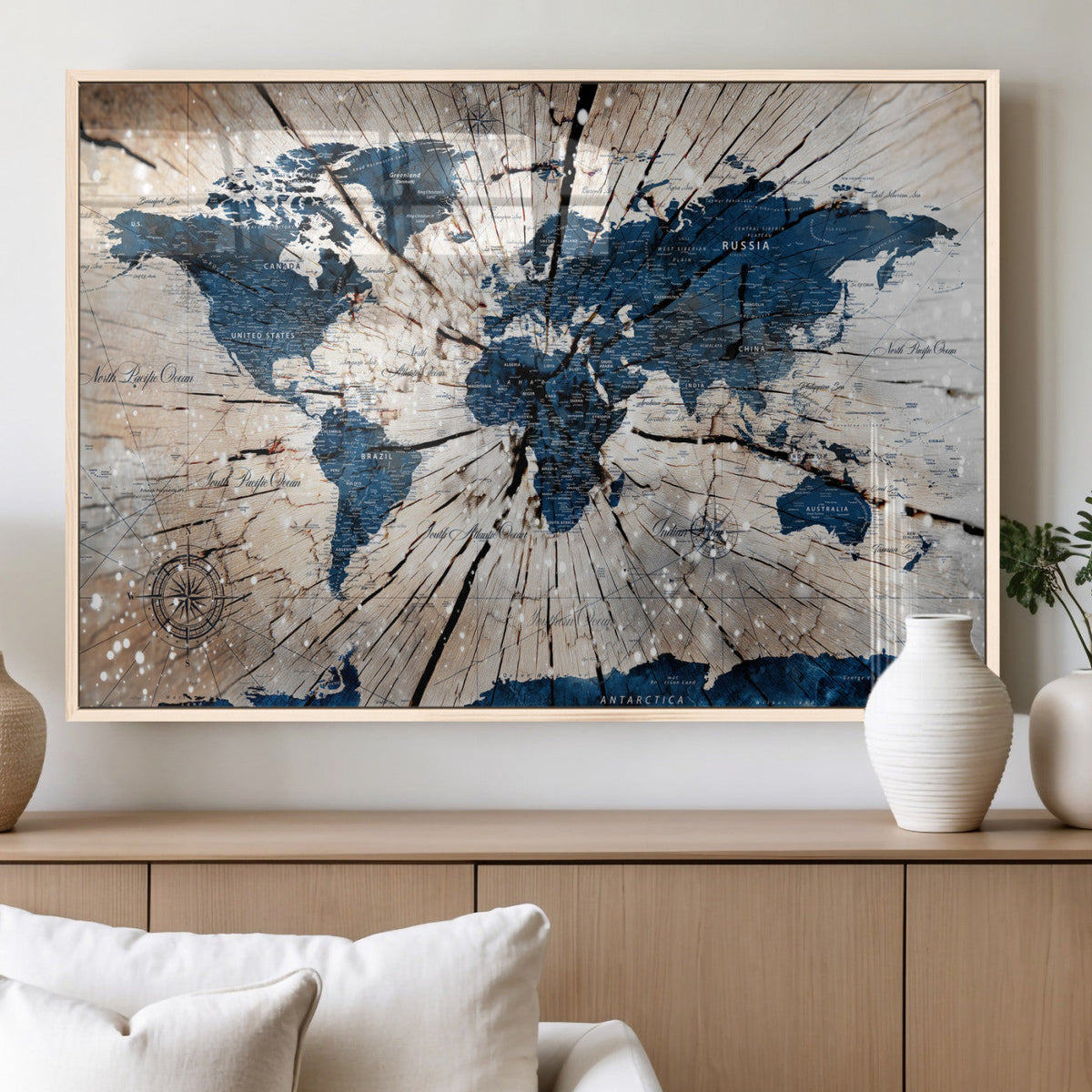 Rustic World Map Canvas Print – Framed Wall Art for Couples,