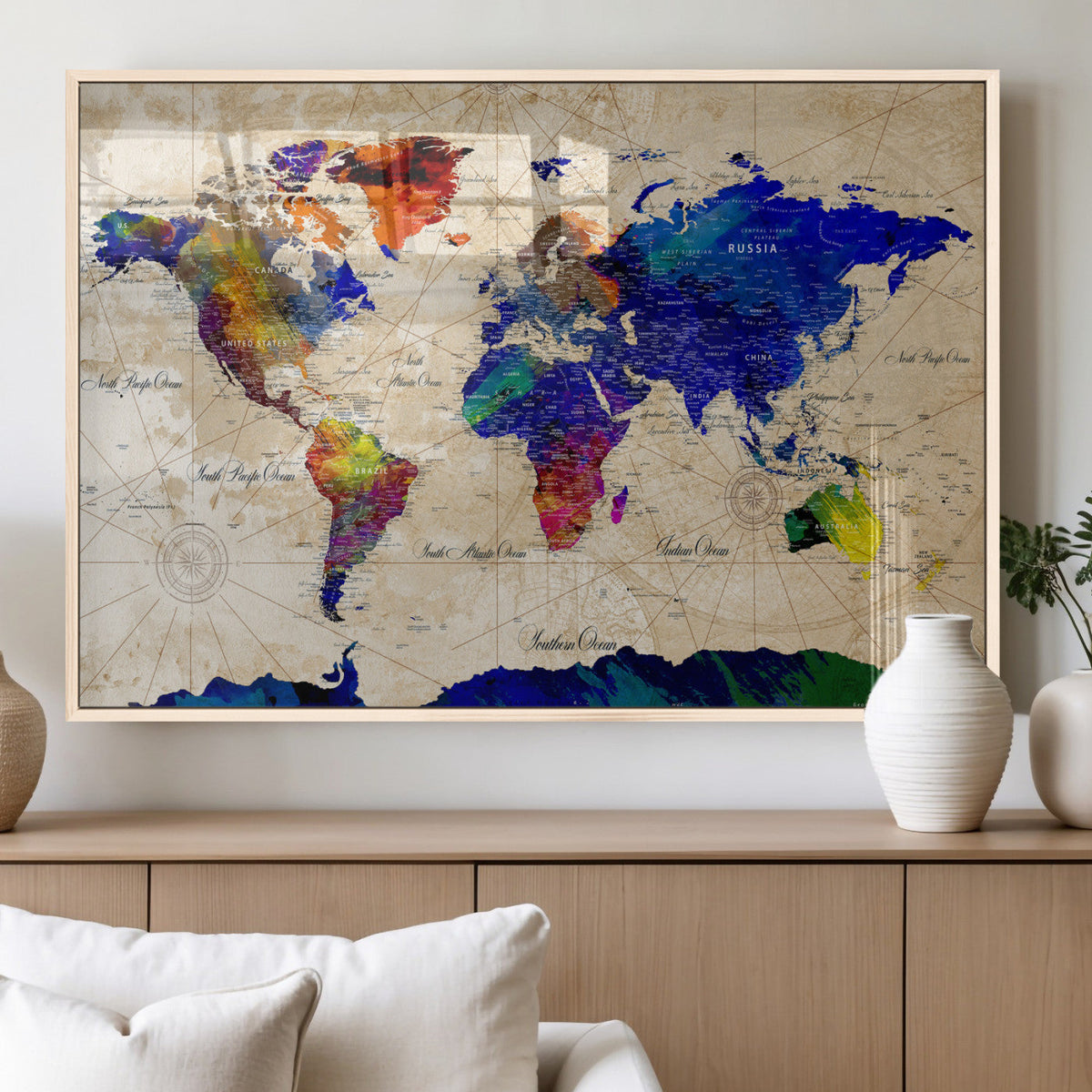 Watercolor World Map Canvas Print – Framed Wall Art for