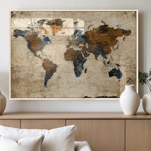 World Map Wall Art – Rustic Earth Tone Canvas Print, Antique